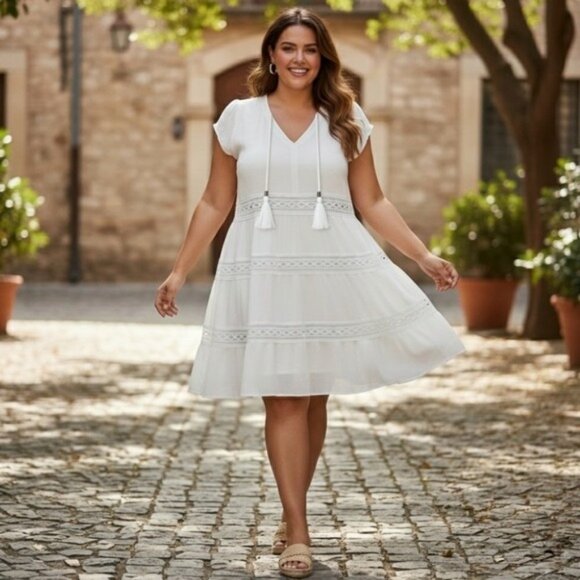 Kate & Sam White Gauzy Crochet Tassel Dress sz Large - Picture 1 of 7